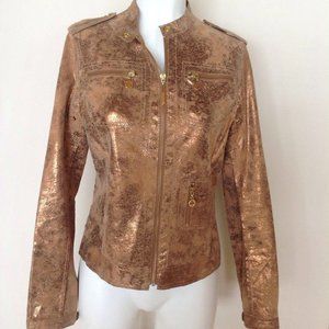 Tory Burch Gold Distressed Metallic Lightweight Leather Bomber Jacket, Size 6